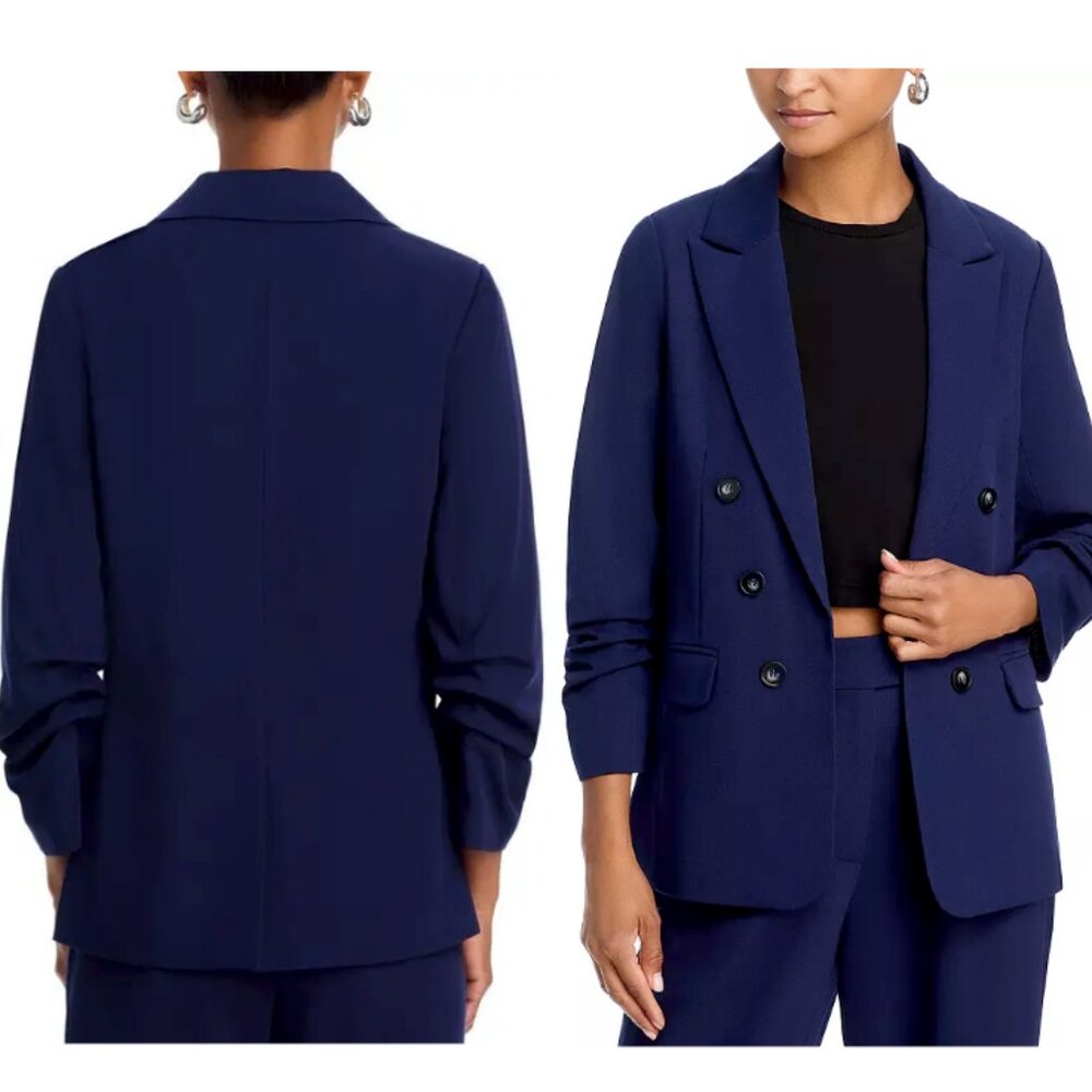 NWT AQUA Pleated 3/4 Sleeve Blazer Double Breasted Open Dark Navy Size XL